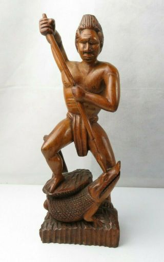 Vintage African Tribal Wood Art Hand Carved Hunter & Alligator statue 2