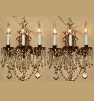 Pair 3lt Vintage Gilt Gilt Bronze Brass Crystal Lamp Sconces Rococo French Stle