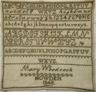 Mid 19th Century Brown Stitch Work Alphabet Sampler By Mary Woodcock - 1848
