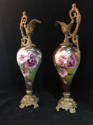 Antique Victorian Handpainted Mantle Ewers Vases Carnations