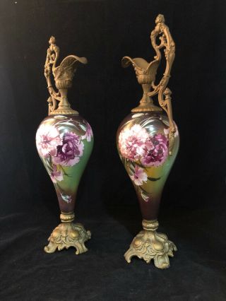 Antique Victorian Handpainted Mantle Ewers Vases Carnations 2