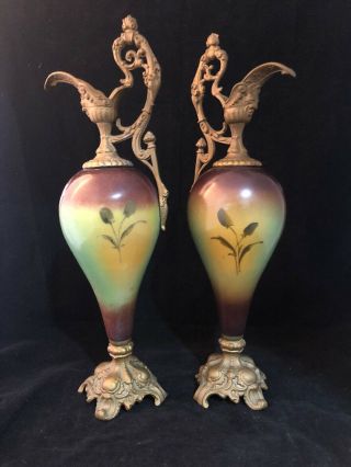 Antique Victorian Handpainted Mantle Ewers Vases Carnations 3