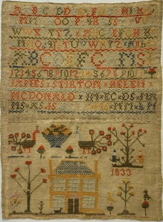 Early/mid 19th Century House,  Motif & Alphabet Sampler By Mary Stirton - 1833