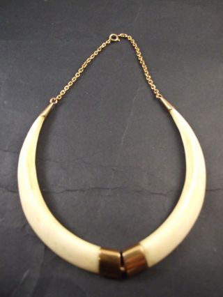 Antique Wild Boar Tusks Trophy Necklace W 9ct.  Rose Gold Fitting & Chain 1900 