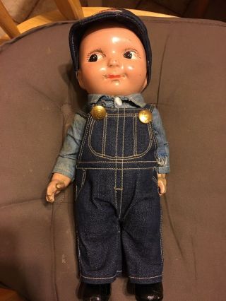 Vintage Buddy Lee Doll.  Union Made Denim Overalls And Hat.  Adorable