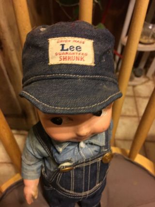 Vintage Buddy Lee Doll.  Union Made Denim Overalls And Hat.  Adorable 2