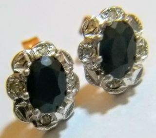 Vintage Hm ' d 9ct Yellow/White Gold Sapphire & Diamond Stud Earrings 1.  6g. 2