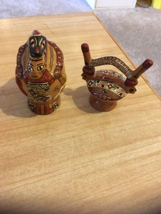 Vintage Terra - Cotta Peruvian Folk Art Figurines,  Male Figure And Drum Raymi Cusco