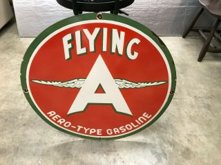 " Flying A Aero - Type Gasoline " Large,  Heavy Porcelain Dealer Sign (30 " Round),  Ni