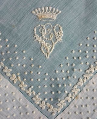 Antique 19th C Fine Lawn Handkerchief With French Knot Embroidery And Coronet