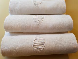 Antique French Linen Damask Tablecloth,  12 Napkins Hand Embroidered Monogram Db