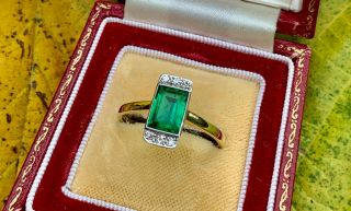 18ct Yellow Gold & Platinum Art Deco Emerald And Diamond Statement Ring Size V