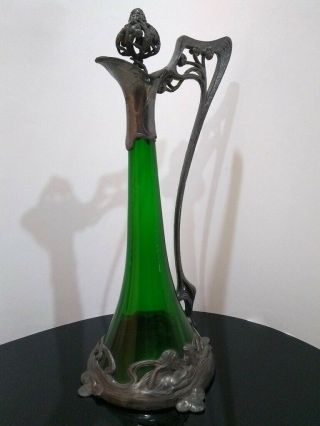 Art Nouveau Wmf Pewter & Green Glass Decanter 19th/early Xx