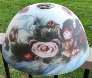 Vintage 13.  5 " Multi Color Hand Painted Reverse Glass Lamp Shade Roses Flowers Nr