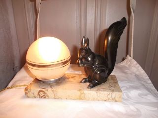 French Art Deco Style Table Lamp With Squirrel Frost Glass Shade Marble Base