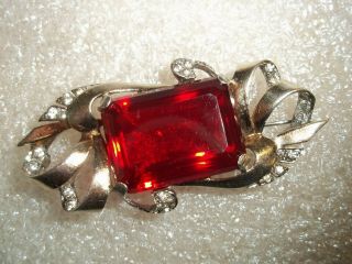 Vintage Marcel Boucher Gold Tone Large Red Stone And Clear Rhinestone Brooch