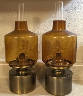 Pair Hans Agne Jakobsson Vintage L47 Oil Lamps - Brass Base - Amber Glass Shade