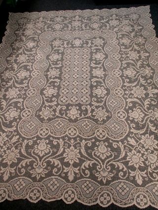 Antique Ecru Beige Filet Lace Tablecloth W Flowers 68 " X 84 "