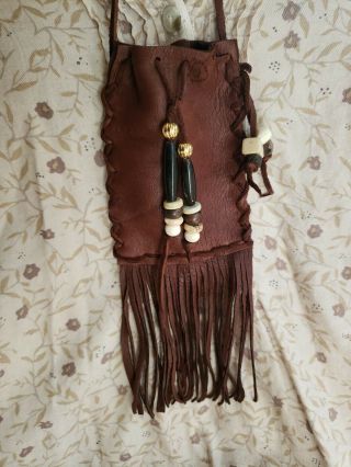 Handmade Dark Brown Leather Deerskin Medicine Bag Pouch With Fringe And Beaded