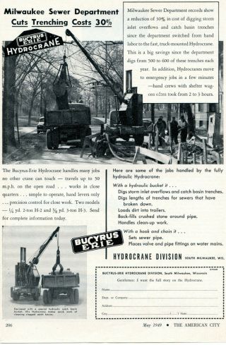 1949 Bucyrus Erie Hydrocrane Truck Crane Ad Milwaukee Sewer Department