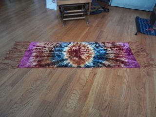 Antique Victorian Tie Dyed Velvet Table Runner Piano Scarf 8 " Fringe 17 " X 46 "