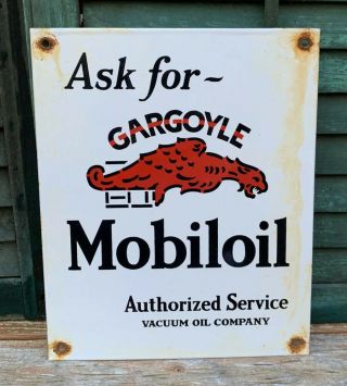Vintage Gargoyle Mobiloil Porcelain Sign Gas Service Station Pump Plate Motor