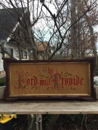 Antique Walnut Framed Paper Punch Victorian Motto Sampler The Lord Provides