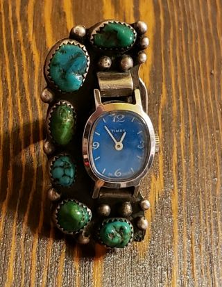 Vtg Large Navajo Blue & Green Turquoise Stone Watch Sterling Silver Ring Size 9