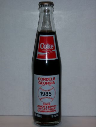 10 Oz Coca Cola Commemorative Bottle - 1985 Cordele Ga State Little League Champ