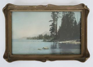 Vtg Hand Tinted Photograph Pie Crust Frame Western Lake Snow Mountain 30s