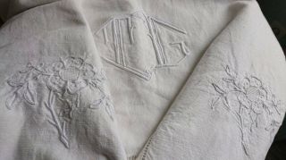 Exquisite Antique French Pure Linen Dowry Sheet With Monogram & Roses C1890