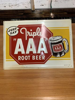 Vintage Rare Triple Aaa Root Beer Embossed Metal Sign 27.  5”x 19.  75”