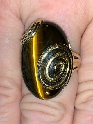 Vtg Qvc Unusual 9ct Yellow Gold Ring With Massive Tigers Eye Stone,  10,  Gr.  S.  5 S