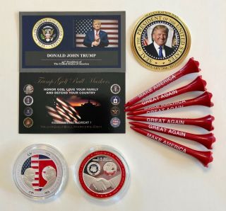 Trump Golf Ball Marker Coin & Tees.  Silver Kim Jong - Un & Usa Peace,  1 Decal