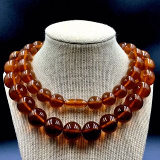 Vintage Baltic Dark Honey Amber Round Beads Necklace 34” Russian Amber 137,  3 Gm.