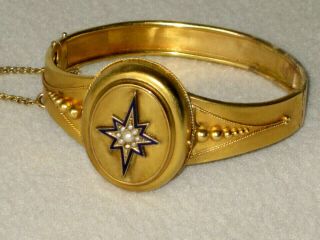 Antique Victorian Yellow Gold & Seed Pearls & Enamel Locket Hinged Bracelet