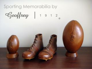 Rugby Ball Set | Vintage Tan Leather Rugby Balls,  Shoes & Wooden Bases | Retro
