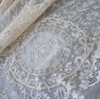 Antique Ecru French Normandy Lace Bed Cover 100 " X 69 " Embroidered Flowers
