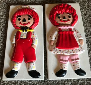 Vintage Ceramic Raggedy Ann And Andy Wall Decoration - Yozie Mold - 1974