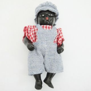 Black Americana Little Boy Doll Jointed Overalls And Hat Red Checked Shirt 4 "