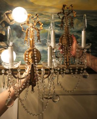 Pr Vintage Bronze Brass Crystal Lamp Bow Sconce French Bead Garland Ribbon Prism