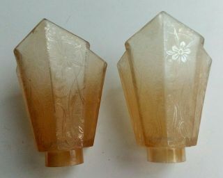 2 Art Deco Wall Sconce Frosted Yellow Glass Slip Shades Embossed Flowers