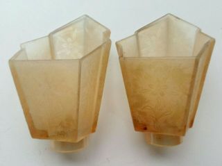 2 ART DECO Wall Sconce Frosted Yellow Glass Slip Shades Embossed Flowers 2