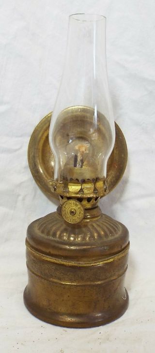Old Antique Brass Miniature Wall Bracket Oil Lamp W/ Reflector & Chimney