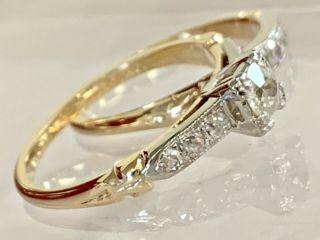 Vintage 14k Yellow White Gold Art Deco Diamond Wedding Engagement Band Ring Set