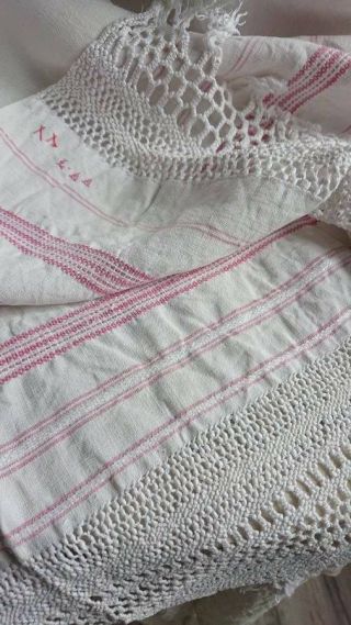 Gorgeous Antique French Linen Hand Loomed Farmhouse Table Cloth Monogram C1880