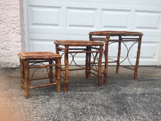 3 Pc Set Of Tortoise Shell Bamboo Rattan Mcm Nesting Tables Lacquered Finish