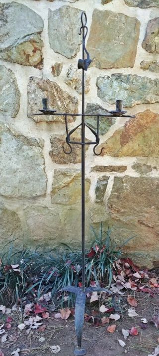 ANTIQUE FLOOR STANDING WROUGHT IRON ADJUSTABLE DOUBLE CANDLE STAND SIGNED 2