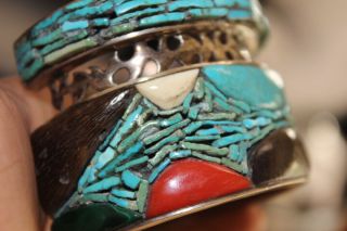 Heavy Vintage Navajo Durkee Indian Silver Turquoise Petrified Wood Coral Cuff