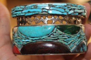 HEAVY VINTAGE NAVAJO DURKEE INDIAN SILVER TURQUOISE PETRIFIED WOOD CORAL CUFF 2